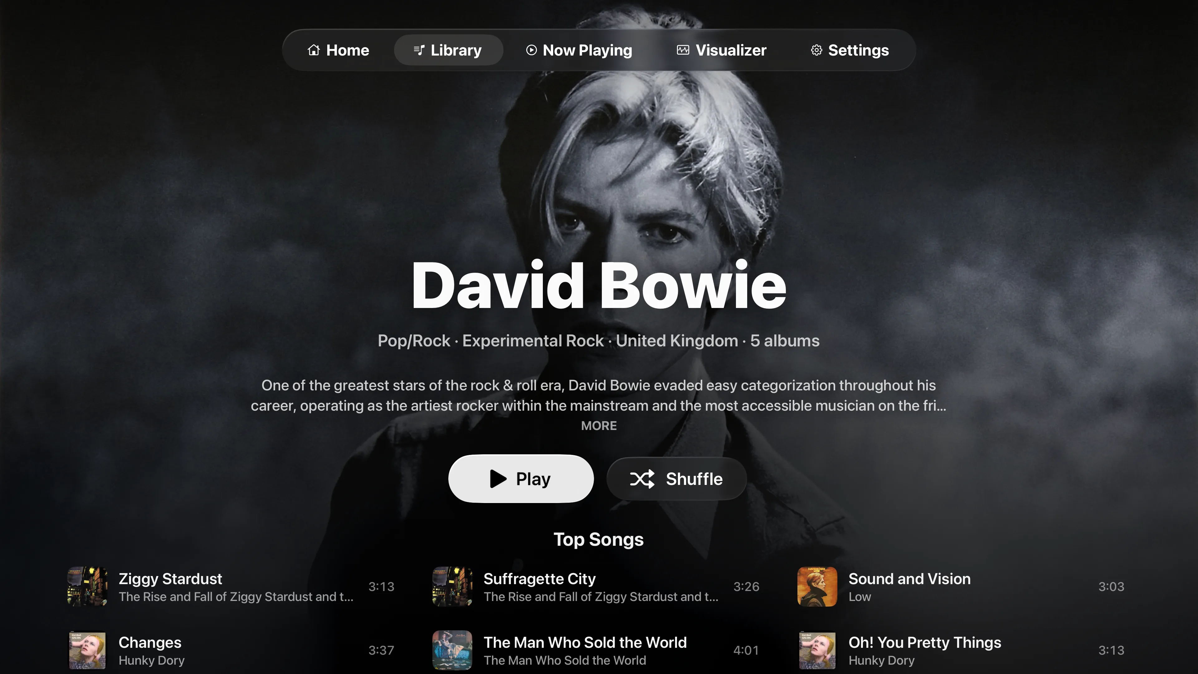 David Bowie's artist page in Playris on Apple TV, with fanart, genres, a short bio, Play and Shuffle, and Top Songs