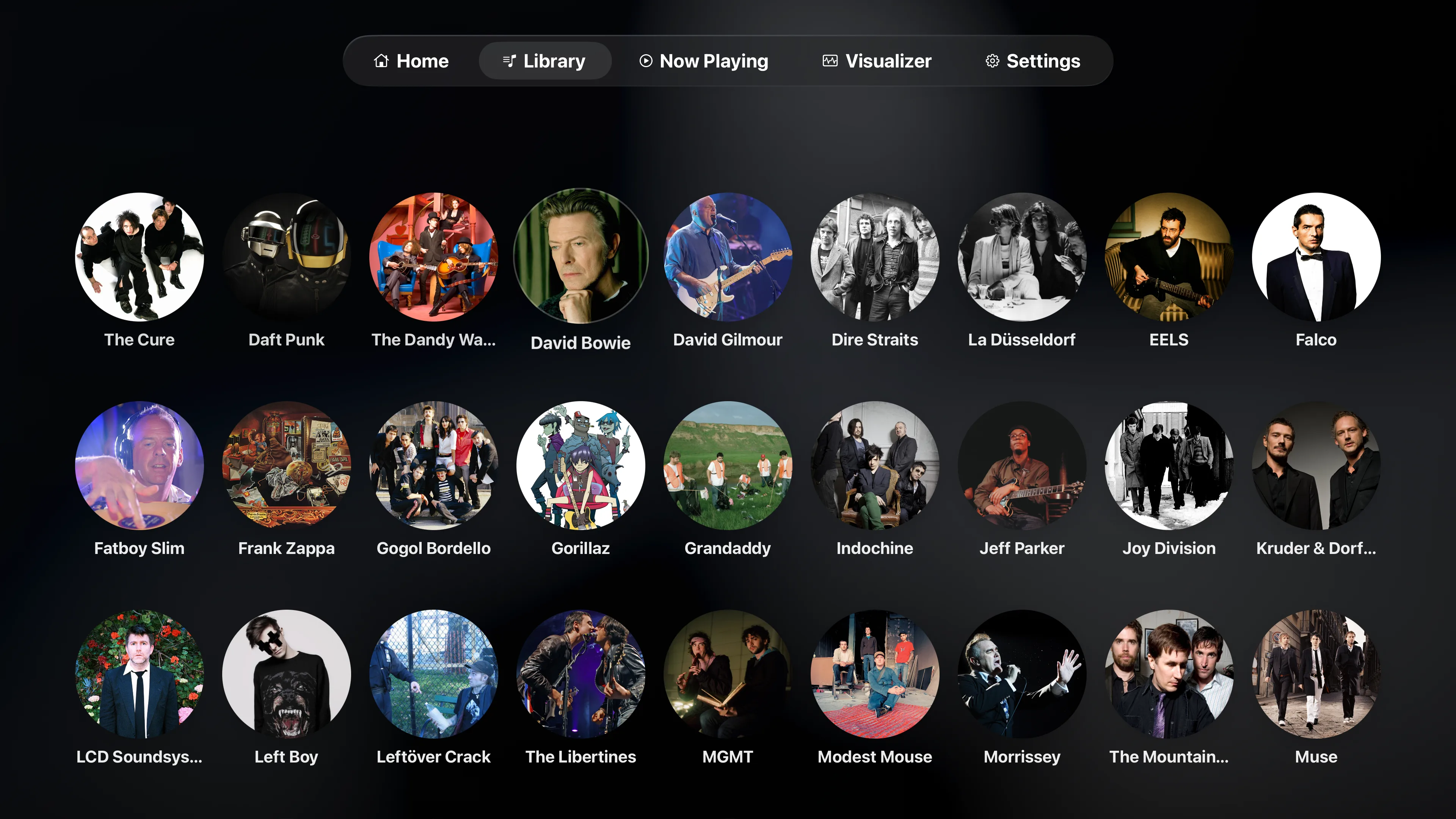 The Artists grid in Playris on Apple TV, three rows of round artist photos